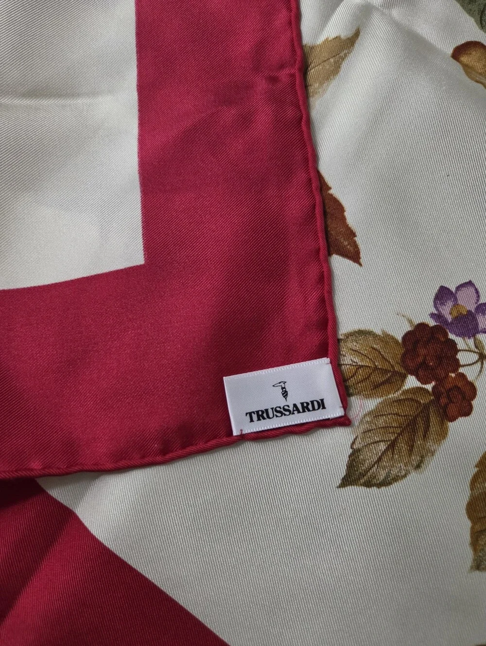 Trussardi Floral Botanical Silk Scarf with Red Border